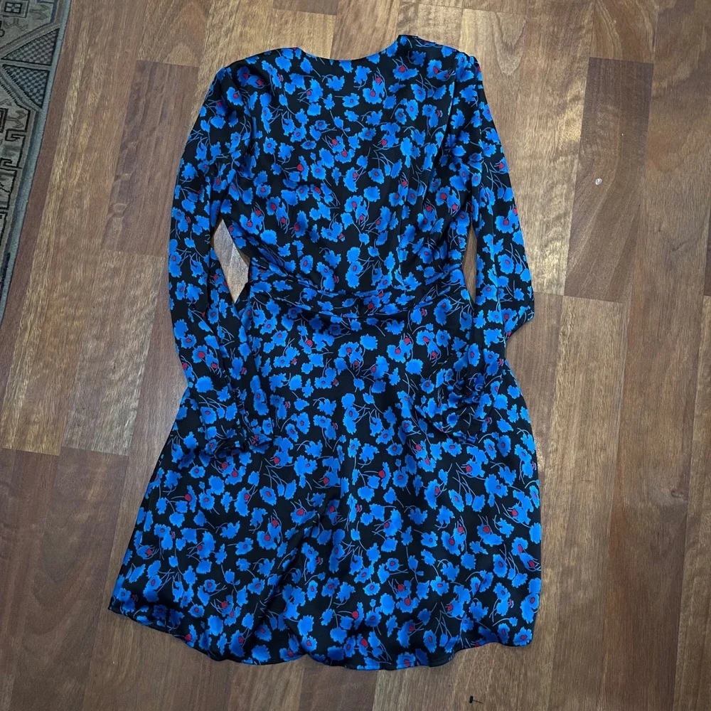 EQUIPMENT Collie Wrap Dress Mini Size Small Blue Black Pleated Chic Silky French